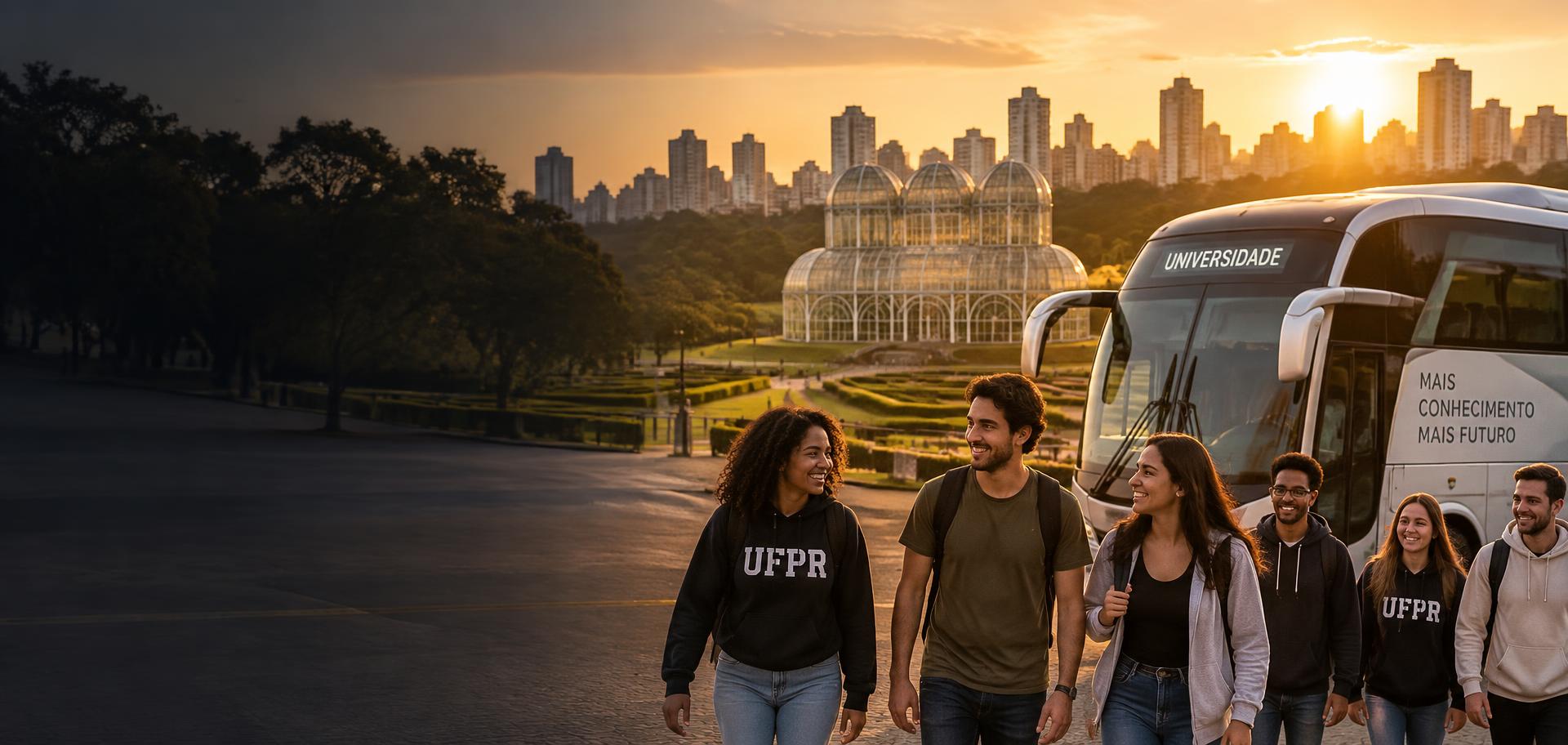 Estudantes chegando de ônibus universitário em Curitiba ao entardecer
